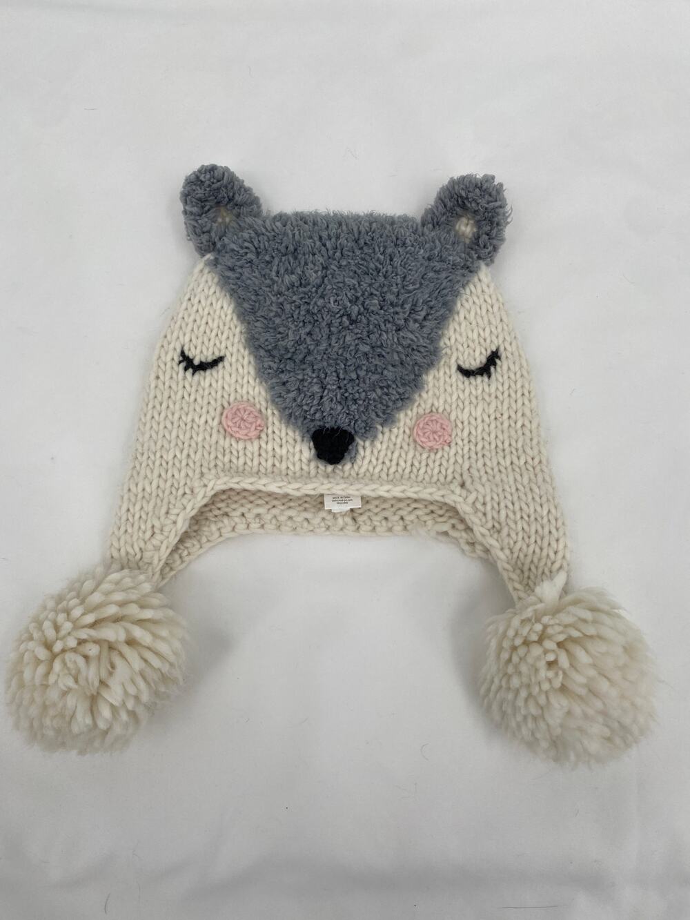 Mud Pie Toddler Knit Winter Hat Grey Fox Size 2t-5t Pom Pom Ear Flaps